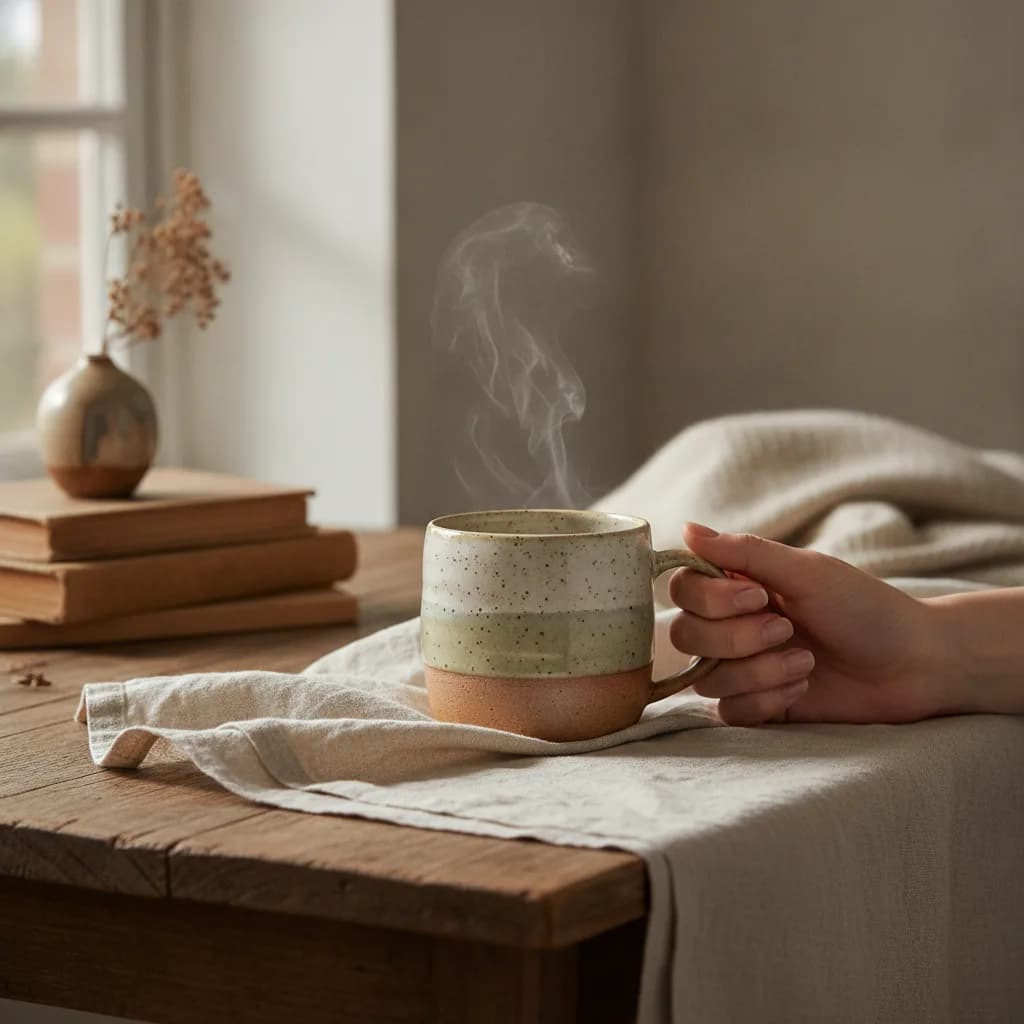 A lifestyle ad: a hand-thrown ceramic mug on linen, steam rising.