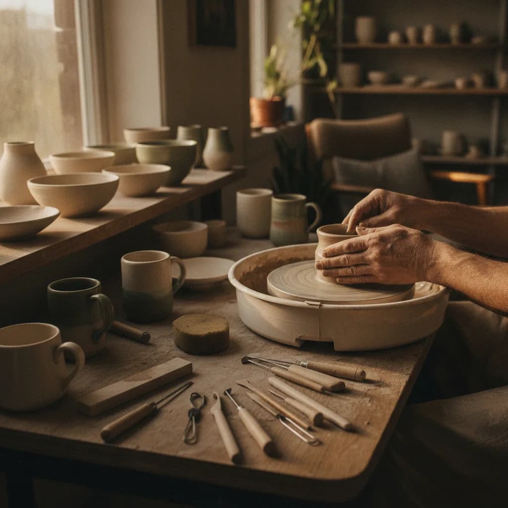 A maker ad: clay-dusted hands shaping a mug at the workshop bench.