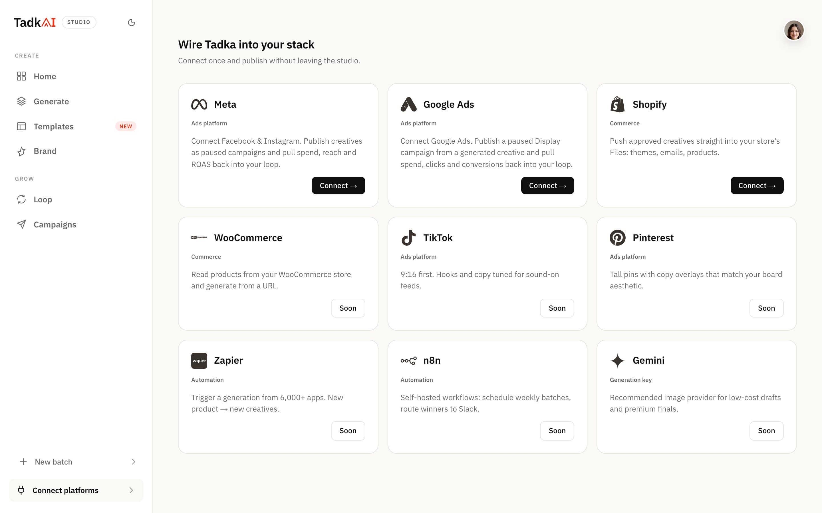 The Connect screen in the Tadka studio: Meta, Google Ads, Shopify and WooCommerce connections.