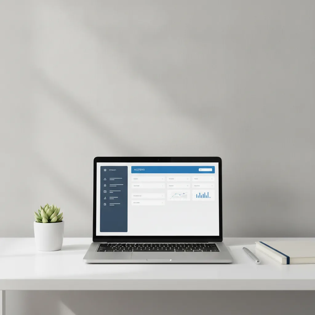 An evaluation ad: the product open on a laptop at a minimal desk.