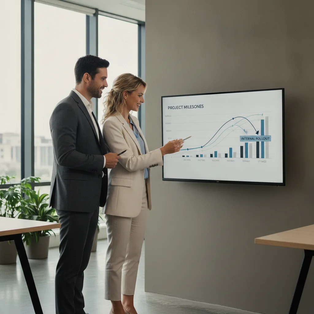 A team ad: two colleagues reading a chart on a monitor.