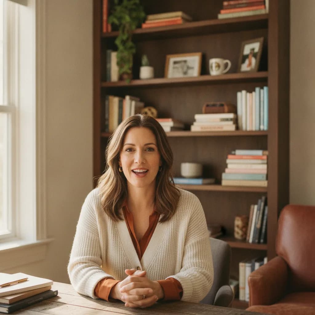 A coach ad: talking to camera in a bright home office.