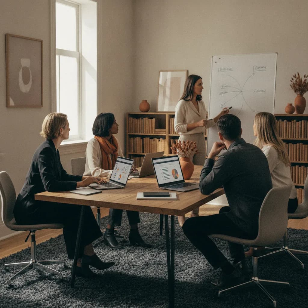 A workshop ad: a small group around a table, laptops open.