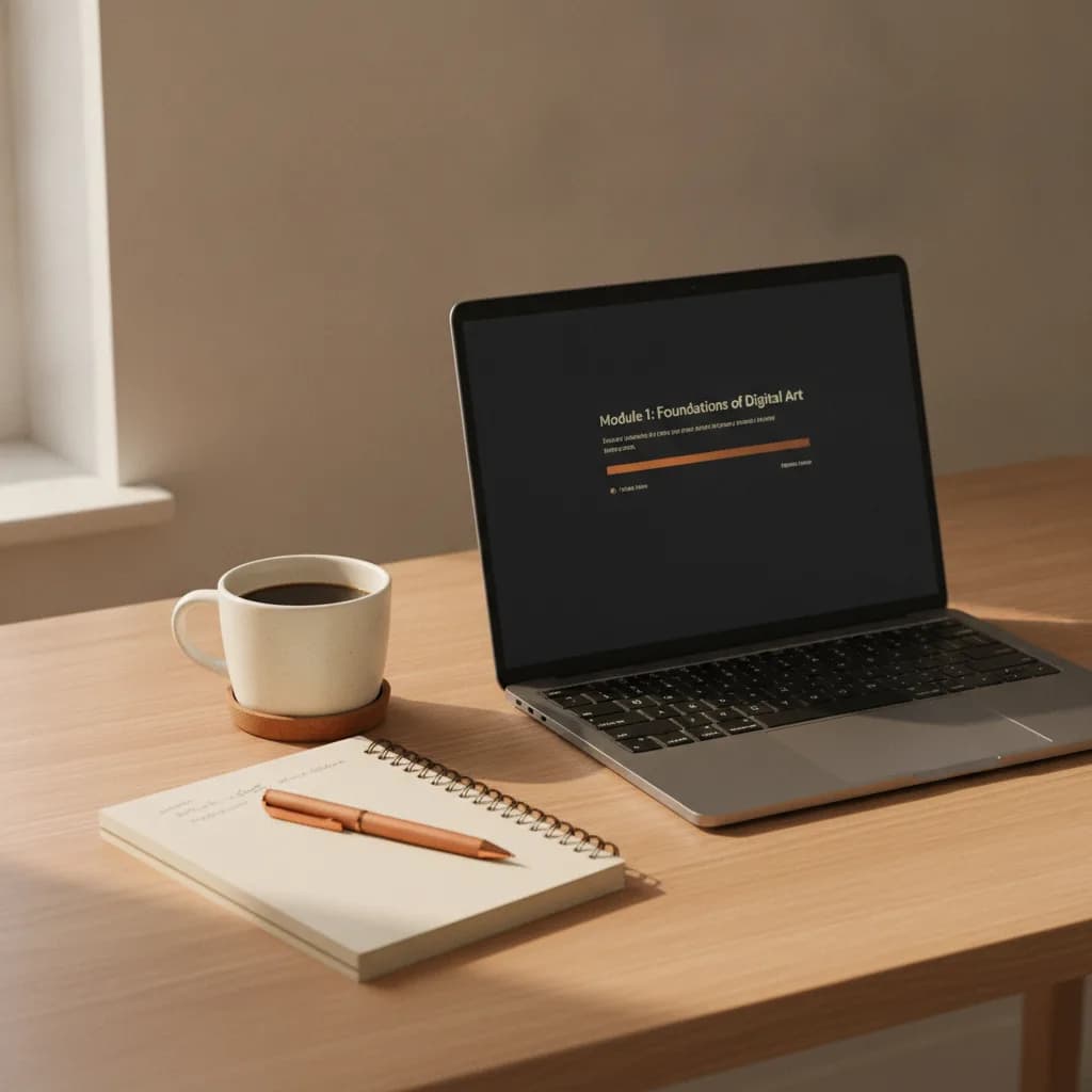 A course ad: a module open on a laptop at a tidy desk.