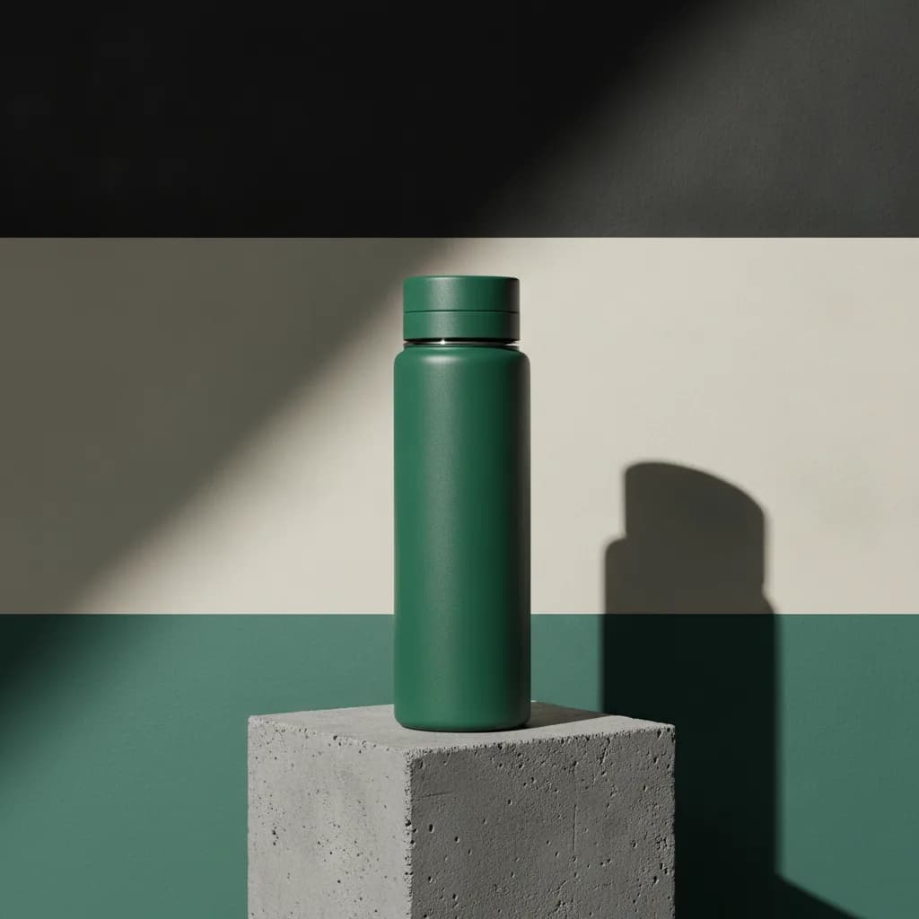 A hero ad: a matte bottle on a concrete plinth under one hard light.