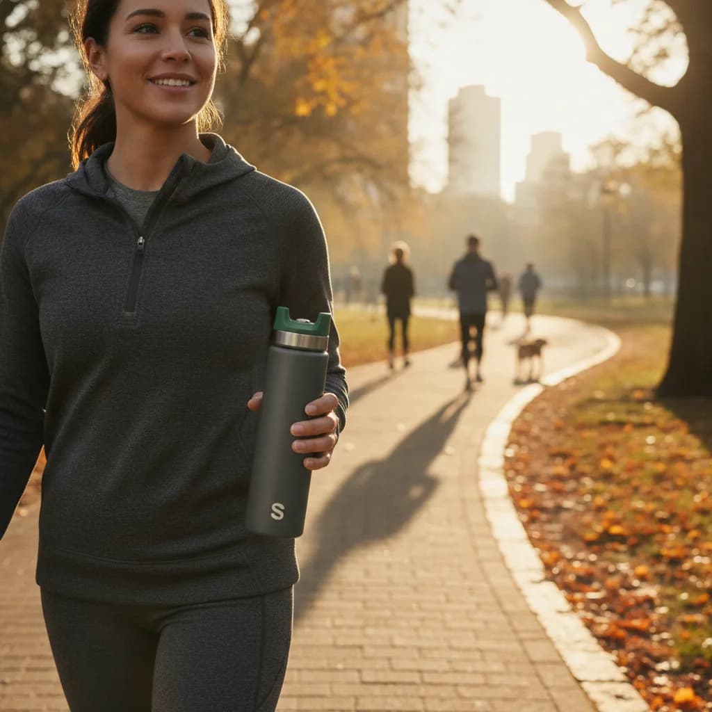 An in-use ad: the same bottle carried on a morning walk.
