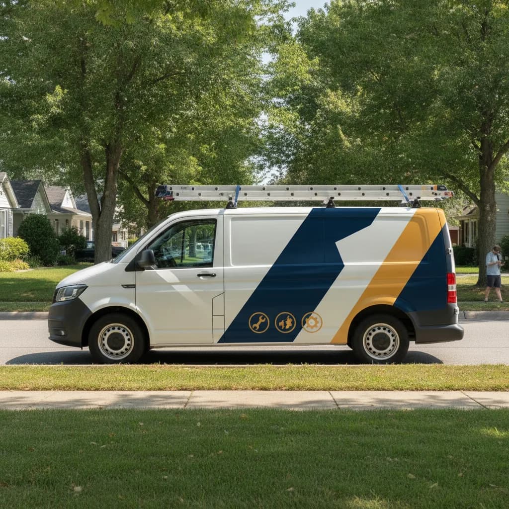 A callout ad: a clean sign-written van on a suburban street.