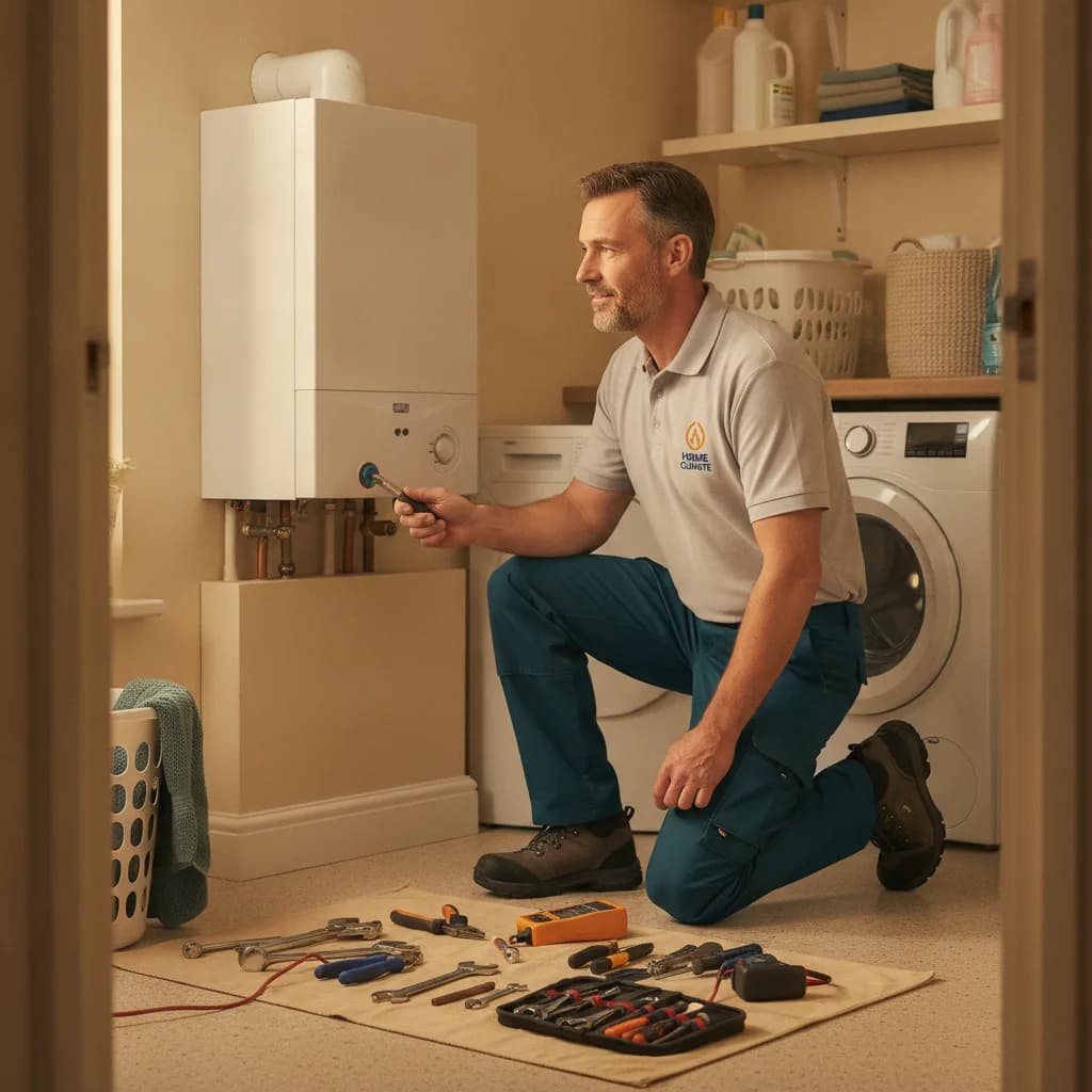 An on-the-job ad: an engineer at a boiler with tools laid out neatly.