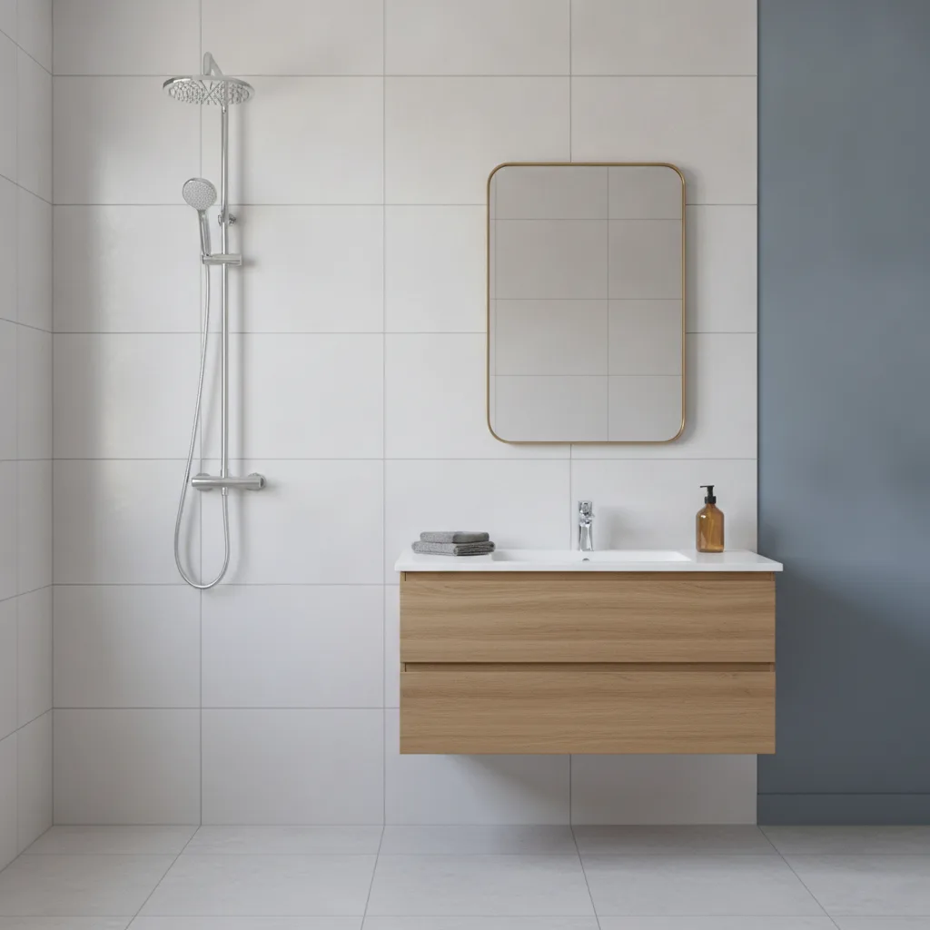 A finished-work ad: a newly fitted bathroom, shot straight on.