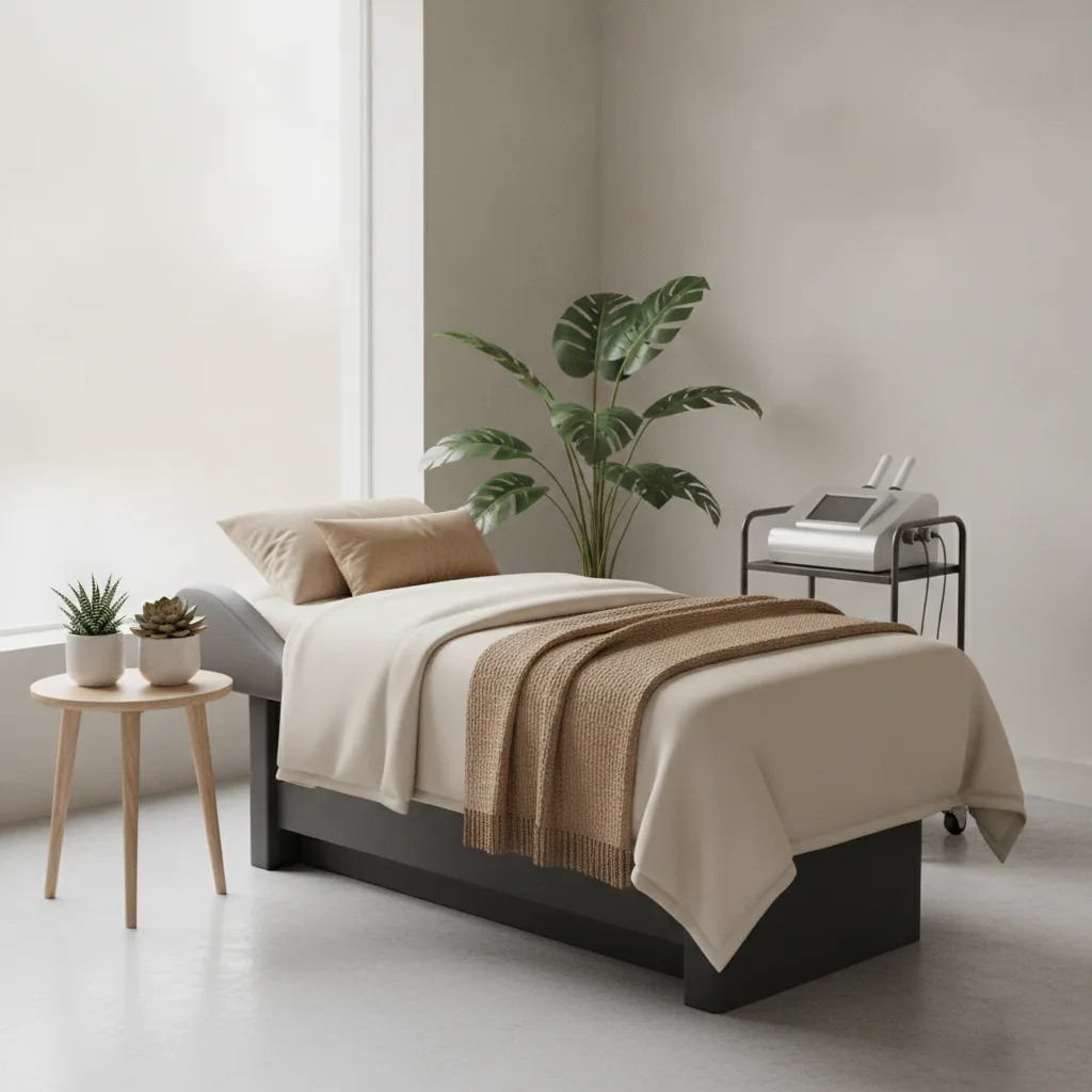 A treatment-room ad: a calm, spotless room in soft daylight.