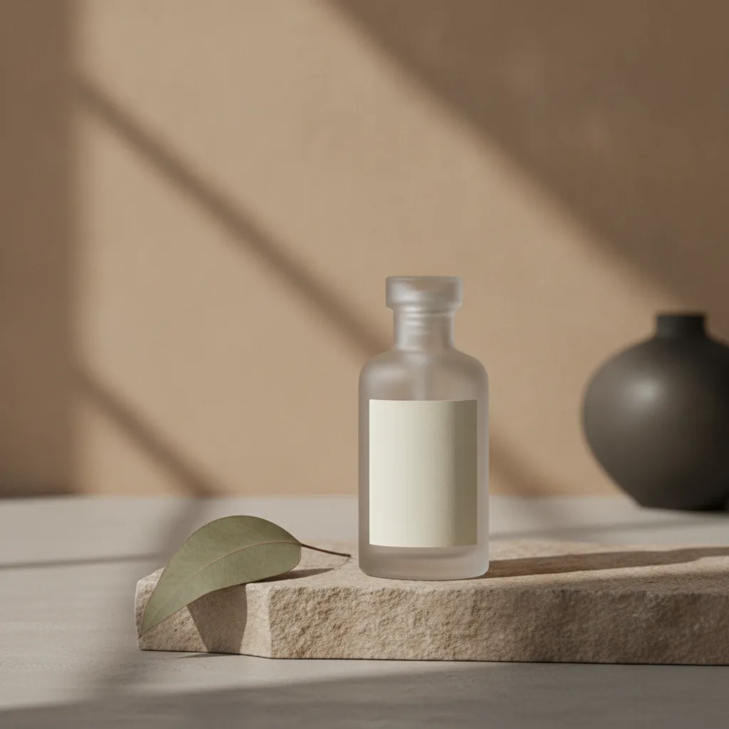 A product ad: a frosted serum bottle on a stone ledge.