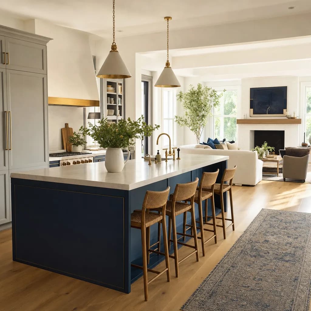An open-house ad: a bright open-plan kitchen in morning light.