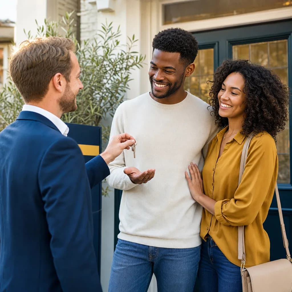 A just-sold ad: keys handed over on a doorstep to a young couple.