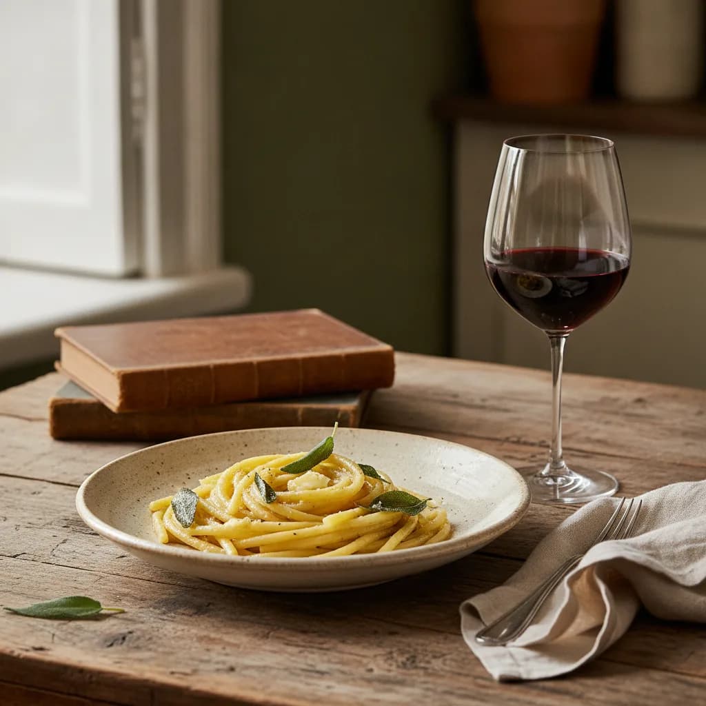 A Friday-special ad: hand-rolled pasta and a glass of red on a worn table.