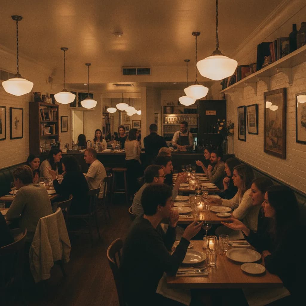 A dining-room ad: a full neighbourhood bistro under low pendant lights.