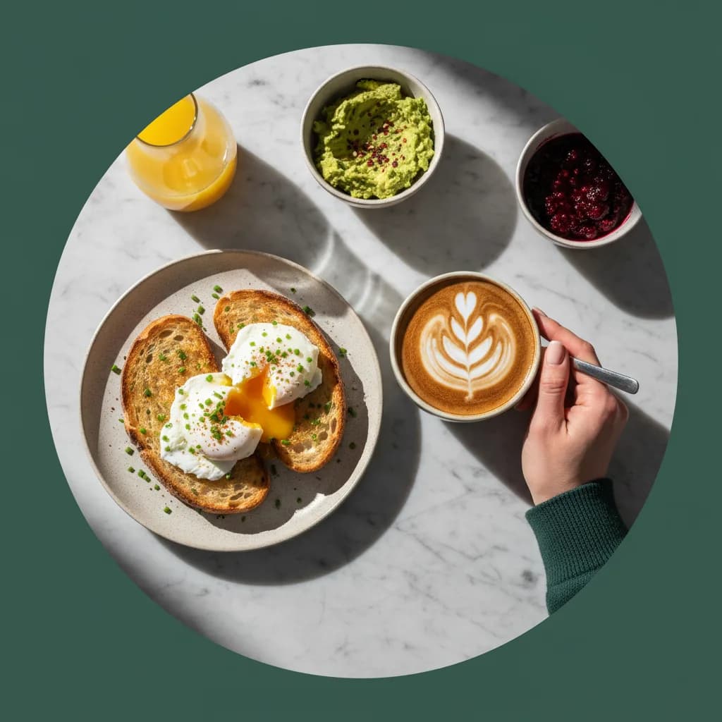 A weekend-brunch ad: a flat white and eggs on sourdough, shot from above.