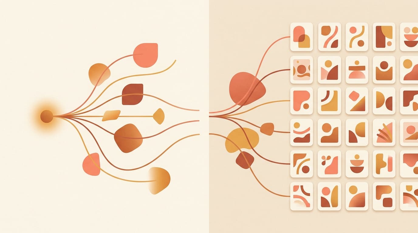 Abstract split illustration: strategy and ideas on the left resolving into a grid of finished ad creatives on the right